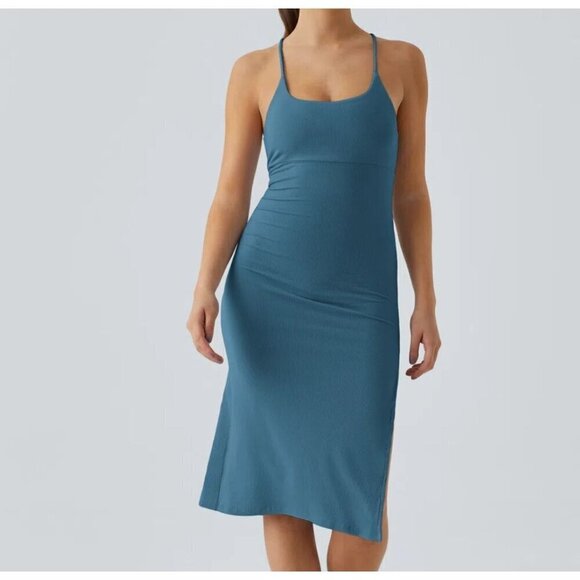 NWT Halara Everyday Split Strap Bodycon Midi Chill Dress Sensational BlueSteel L - Picture 1 of 7